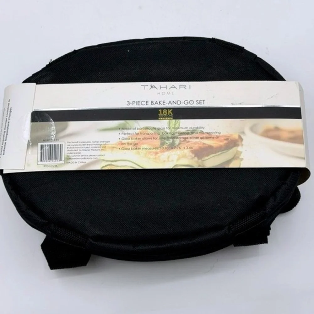 Tahari Home 3-Piece Bake-And-Go Set 1.7Qt Oval Glass Baker Insulated Tote Black